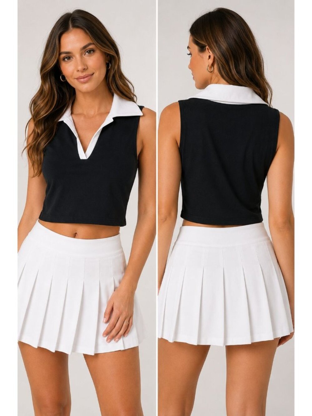 Pink Lily Sleeveless Crop Top W/White Collar Black/ White  Small
